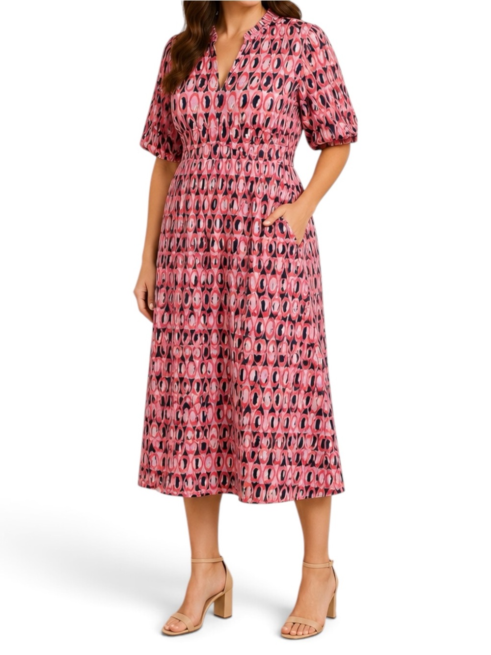 NIC+ZOE Ikat Rings Mary Dress XXL Pink Cotton Fit Flare Midi Pockets NWT